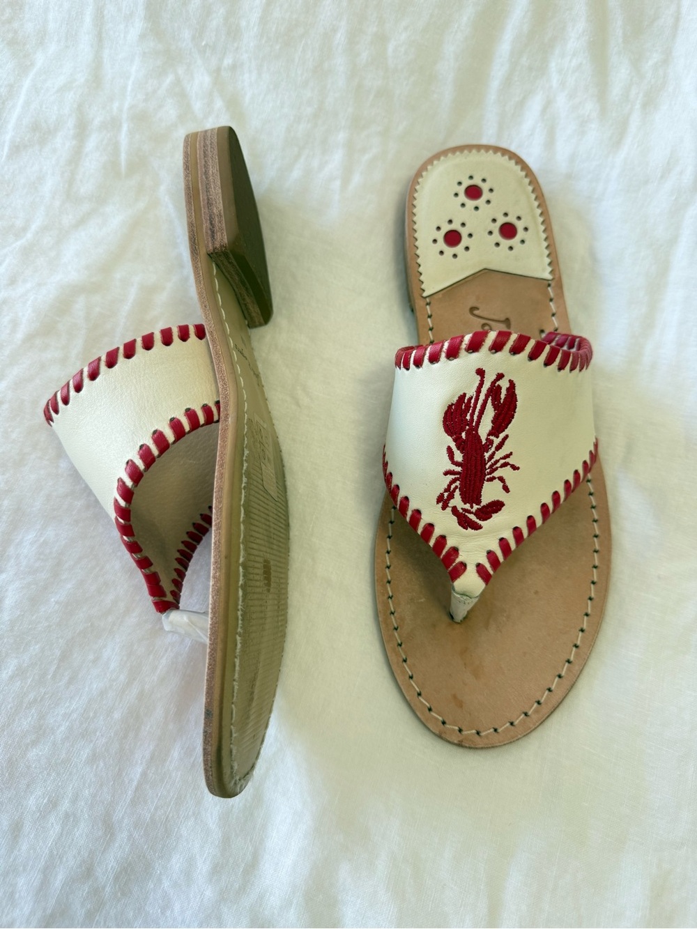Jack Roger's | Women’s 8 | Ivory Red Leather Lobster Embroidery Thong Sandals - Picture 2 of 8